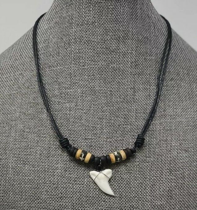 Real Mako Shark Tooth Pendant Surfer Necklace for Men | Wood Beads