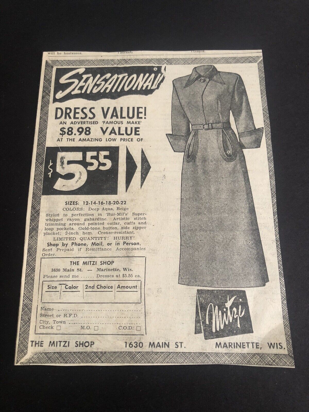 1950’s Mitzi Wisconsin Clothing Store Ladies Dress Fashion Newspaper Ad