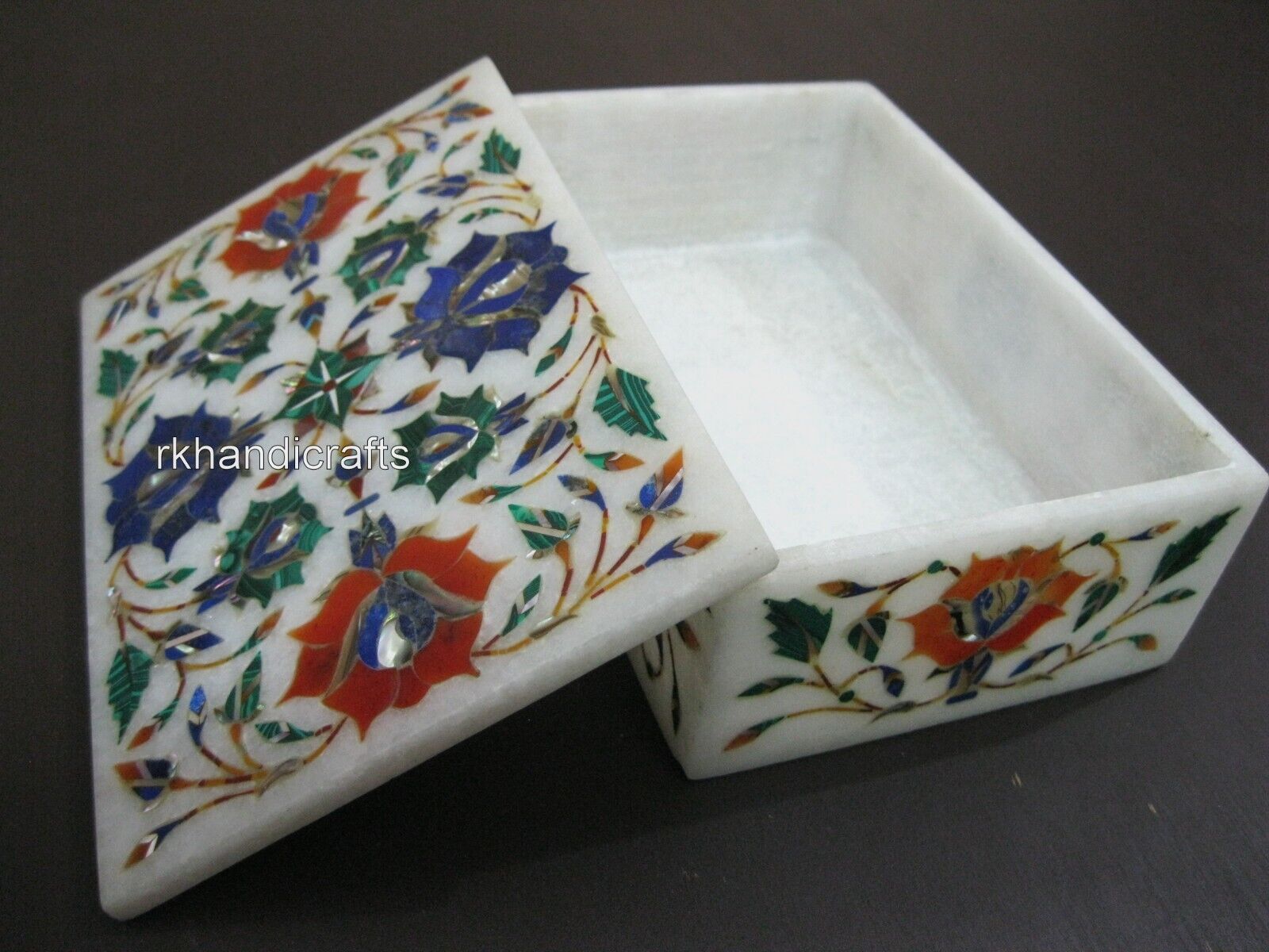 6 x 4 Inches Marble Jewelry Box Multicolor Gemstone Inlay Work Accessories Box