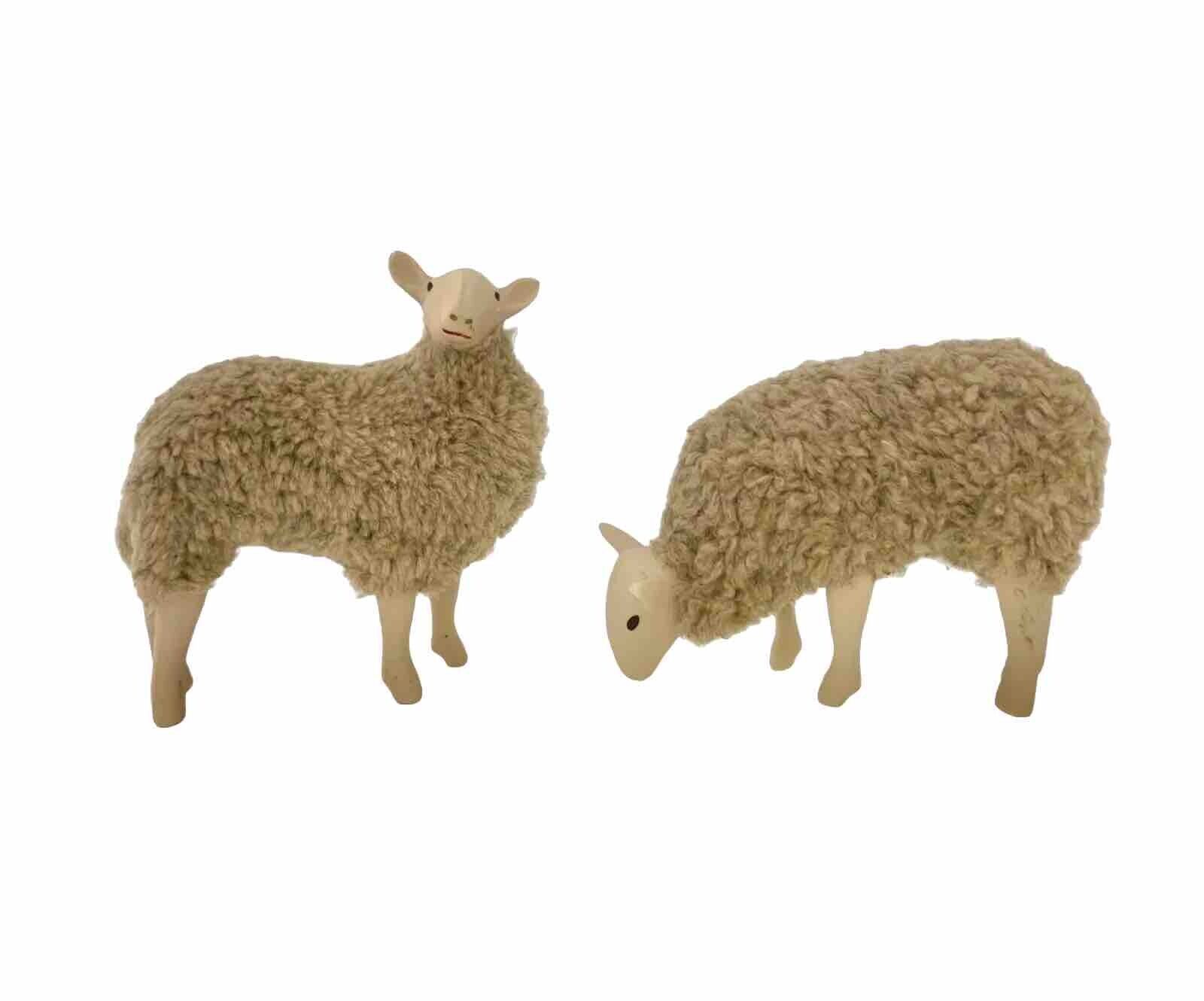 Sheep Figurine Pair Porcelain and Wool Lamb Statues Vintage Adorable Decor
