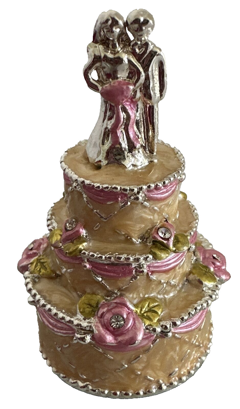 Vintage Secret Jewels Enameled Rhinestone Wedding Cake Trinket Box /Keepsake Box