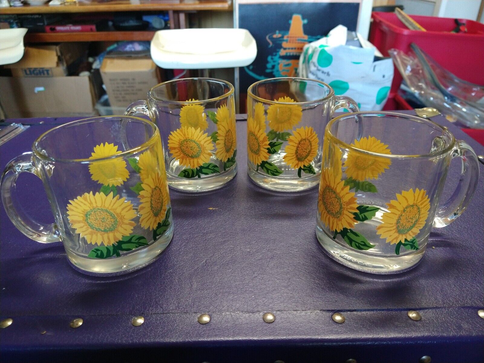 Vintage Libbey Yellow Sunflowers 4 PC Glass Coffee/Tea Mugs #sunflowers #mugs
