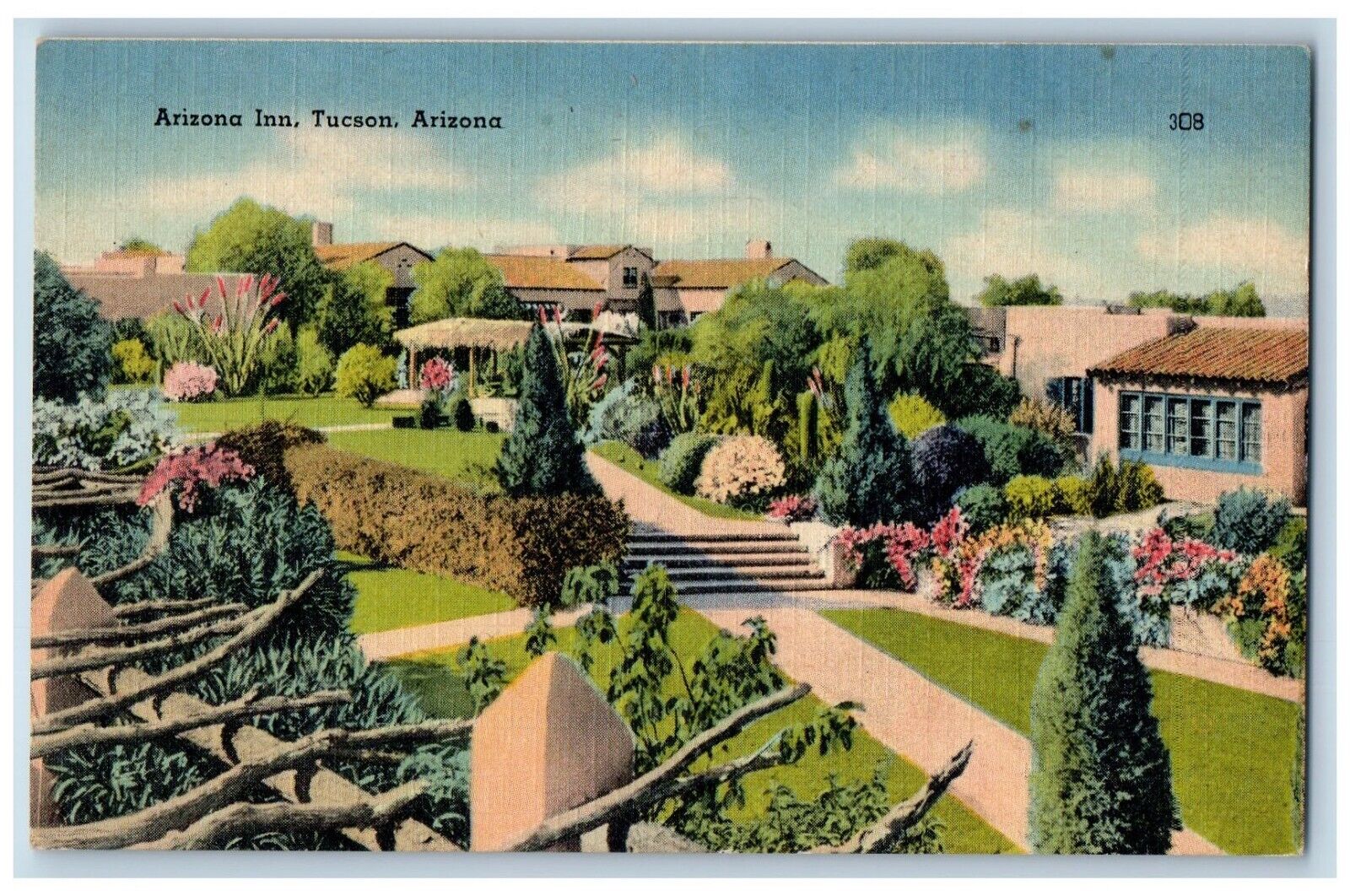 Tucson Arizona Postcard Arizona Inn Exterior House Field c1940 Vintage Antique