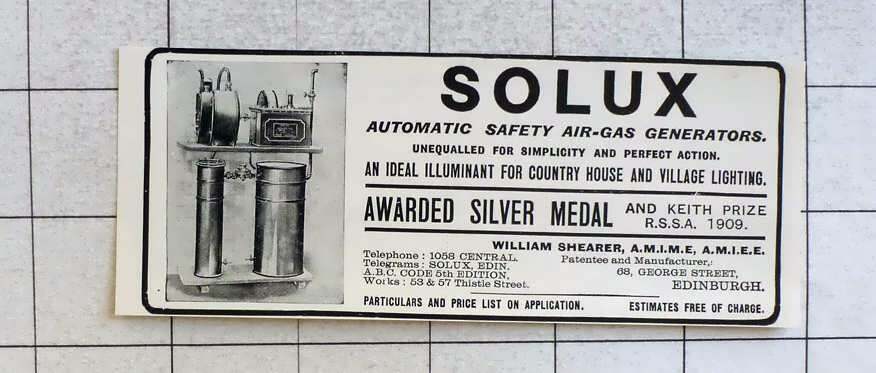 1913 Solux Automatic Air Gas Generators William Shearer George Street Edinburgh