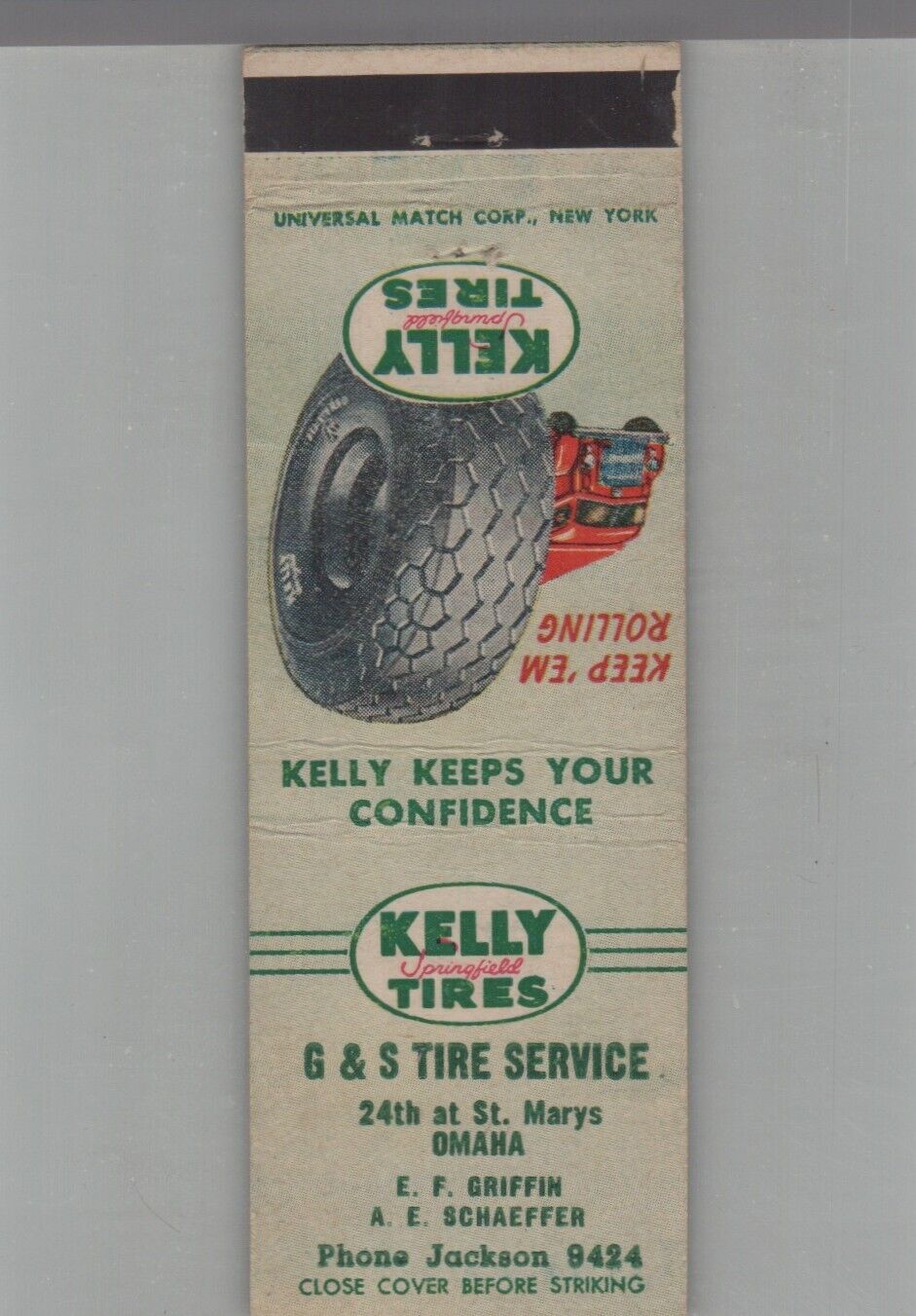 Matchbook Cover - Kelly Tires G&S Tire Servcice Omaha, NE