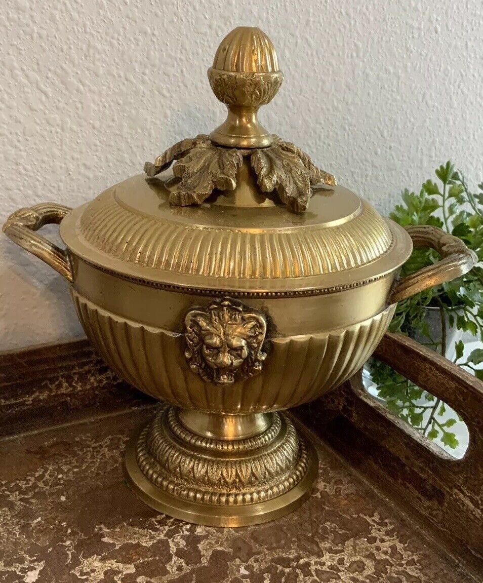 Vtg Solid Brass Urn Style Bowl Lid Trinket Pedestal Handles Lion Head Accent