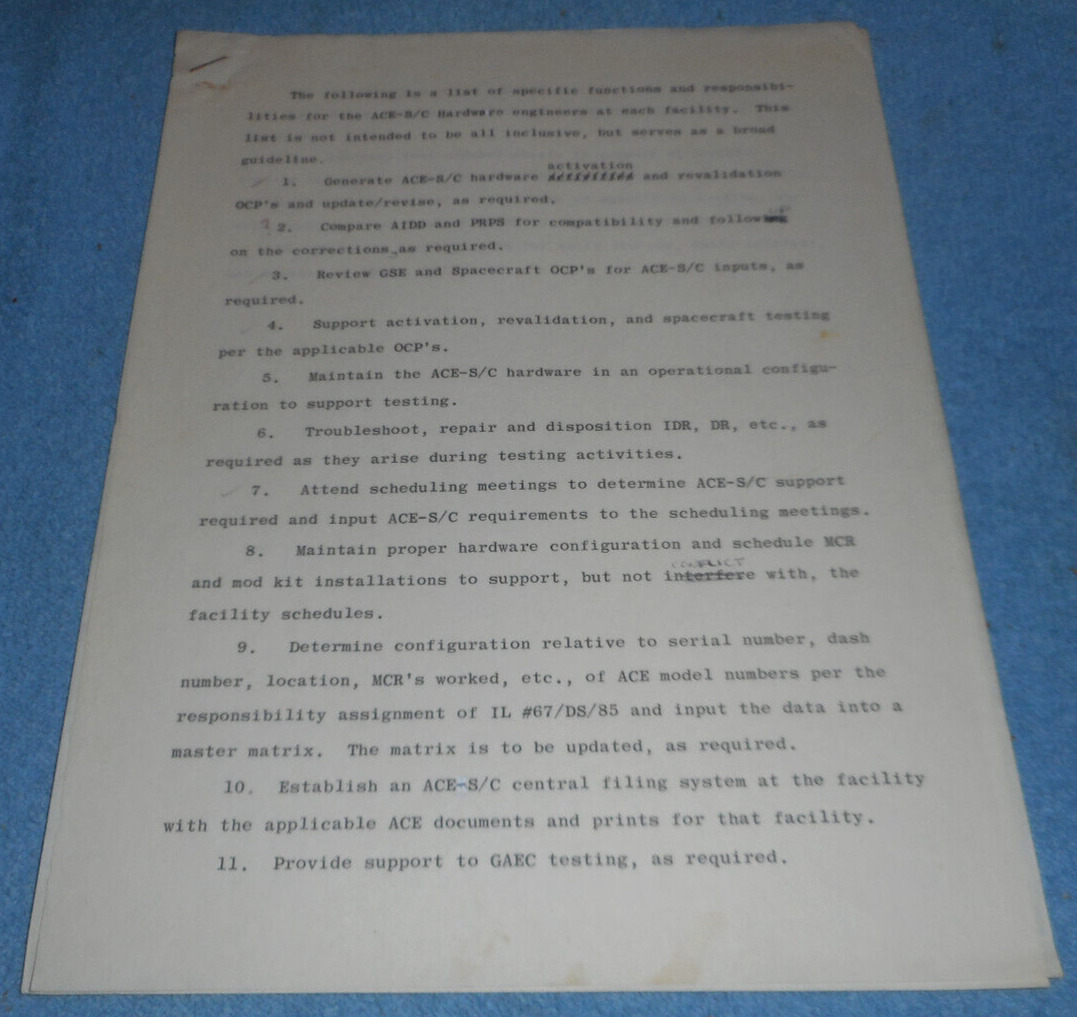 1960s NASA List Of Responsibilites For ACE-S/C Hardware Engineers Apollo Program