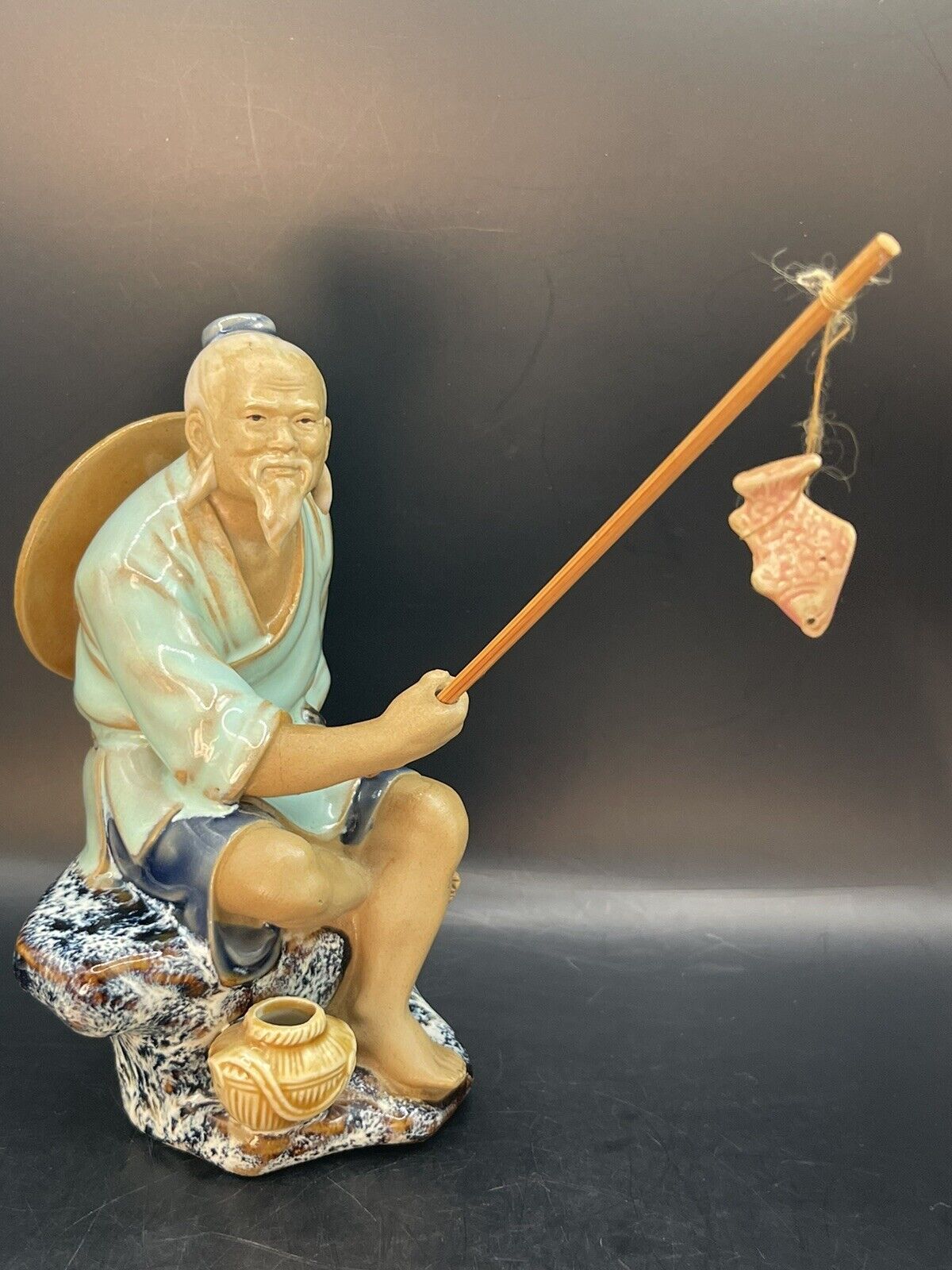 Vintage Shiwan Chinese Mudman Figurine Fisherman W pole