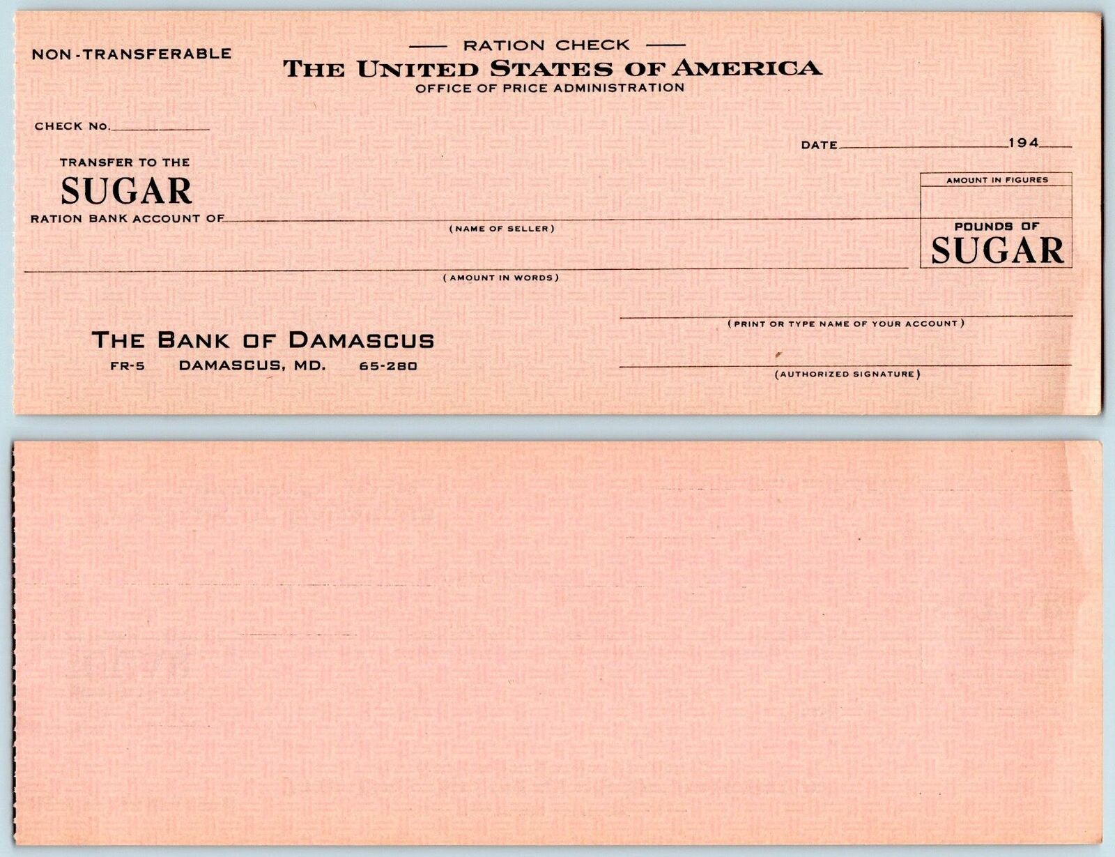 1940'S WWII*DAMASCUS MARYLAND*MD*SUGAR RATION CHECK*BANK OF DAMASCUS