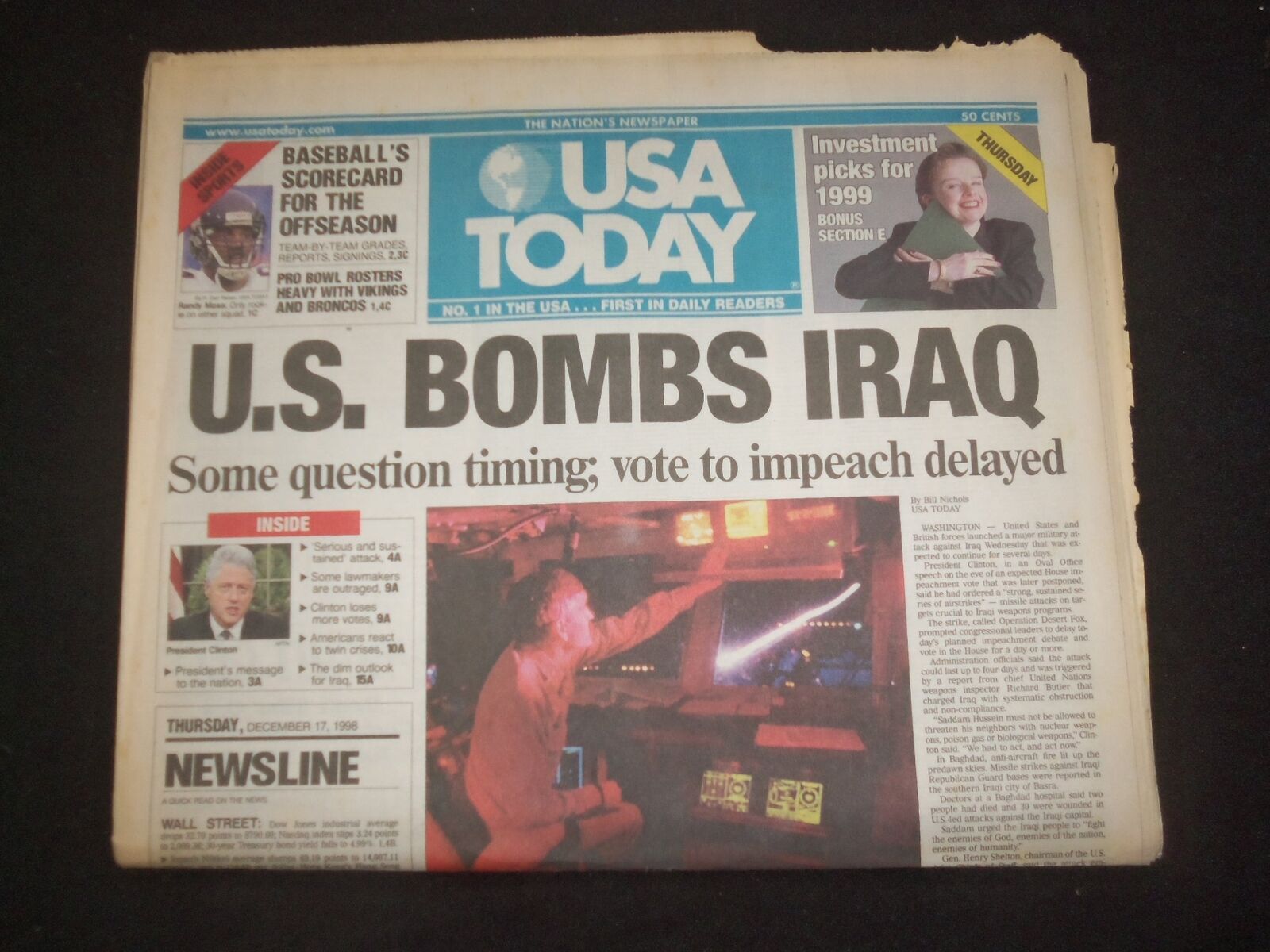 1998 DECEMBER 17 USA TODAY NEWSPAPER - U.S. BOMBS IRAQ -IMPEACH DELAYED- NP 7977