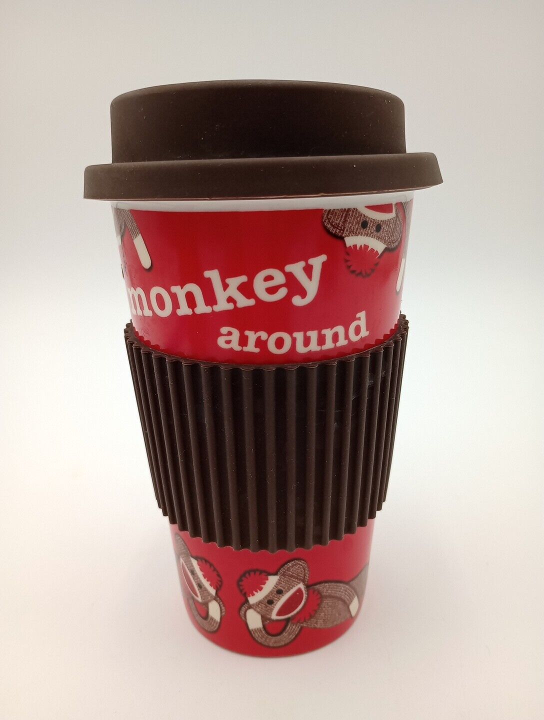 Ceramic Coffee Travel Mug Gibson Monkey Around Sock Monkey Silicone Lid