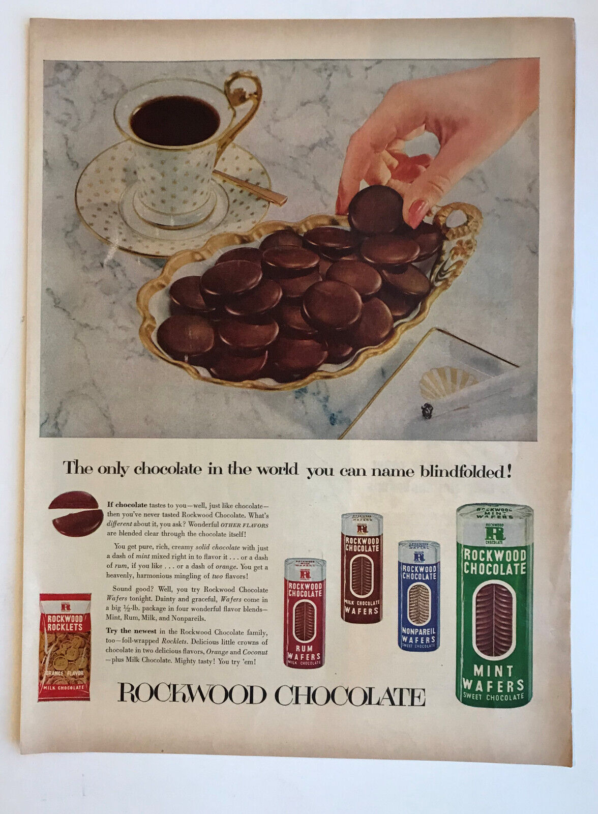 1953 Rockwood Chocolate Vintage Print Ad Wafers Rum Mint Milk Chocolate