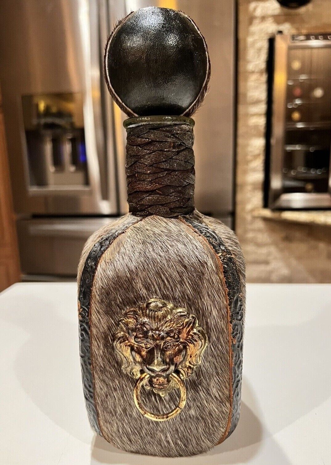 Vintage Cowhide Fur and Leather Covered Glass Liquor Decanter with Cork