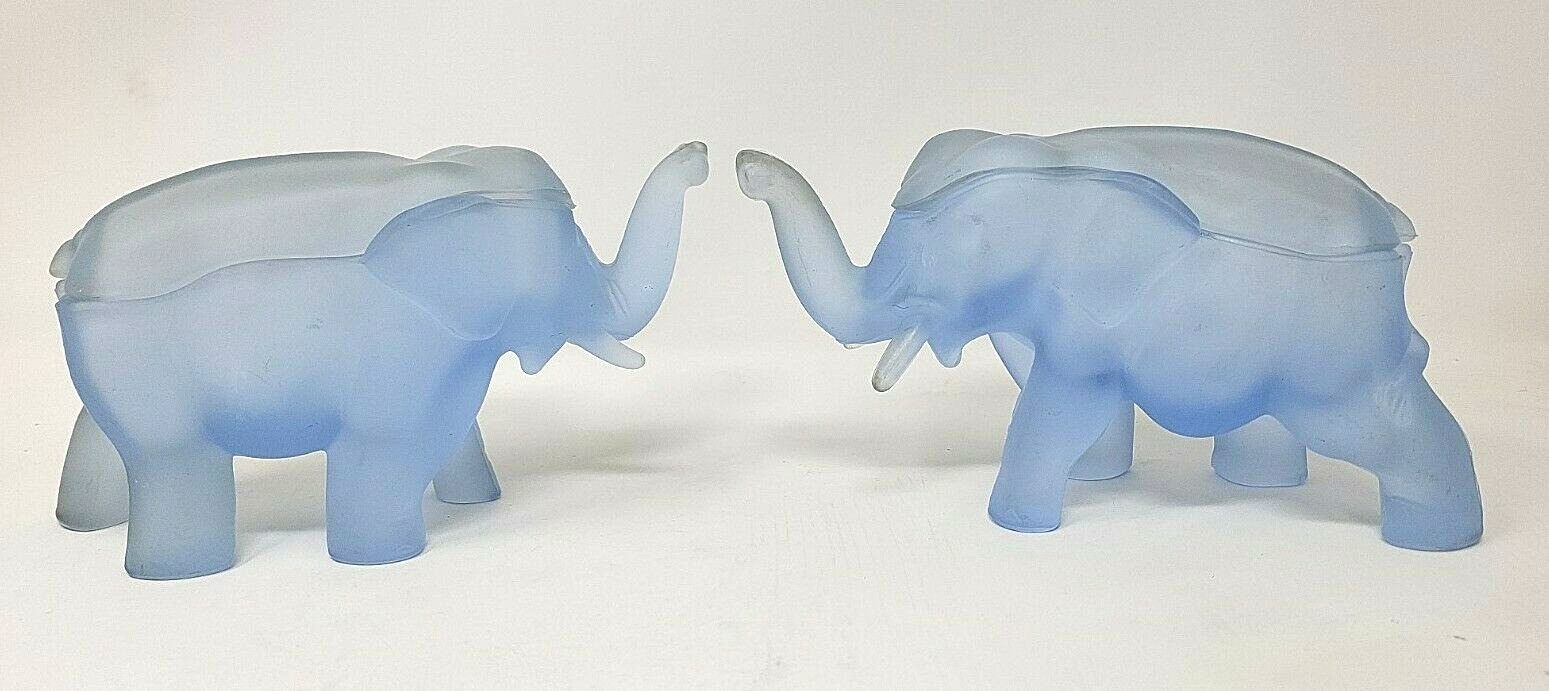 Blue Frosted Glass Elephant Trinket Box With Lids Depression Set Of 2. (4.5in) 