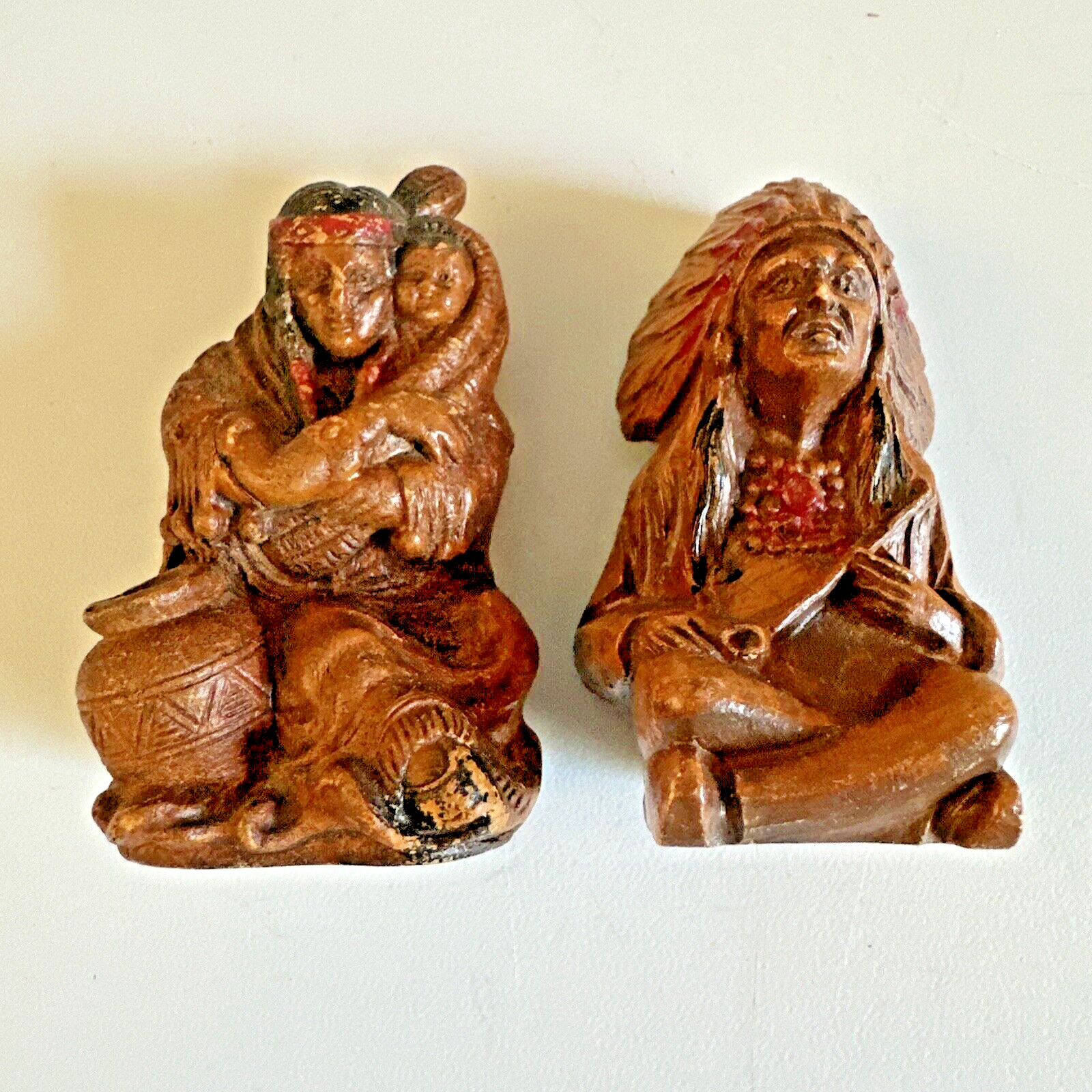 VTG Lot of 2 Native American Chief, Mother Child Wood/Composite Souvenir Statues