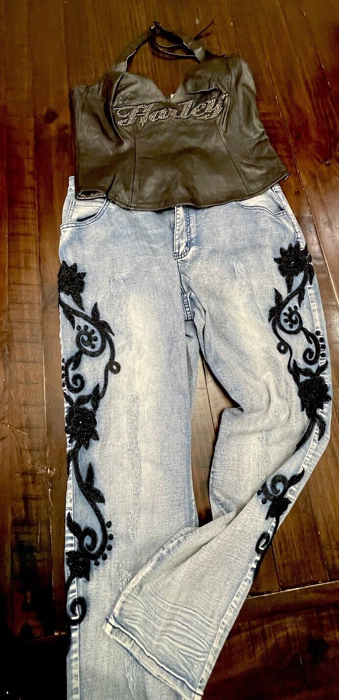 Harley Davidson Halter  And Juliet Embellish Jeans 12Perfect Eye Catching Combo