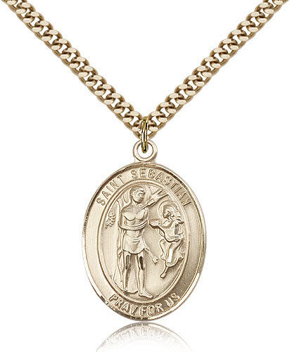 Saint Sebastian Medal For Men - Gold Filled Necklace On 24 Chain - 30 Day Mo...