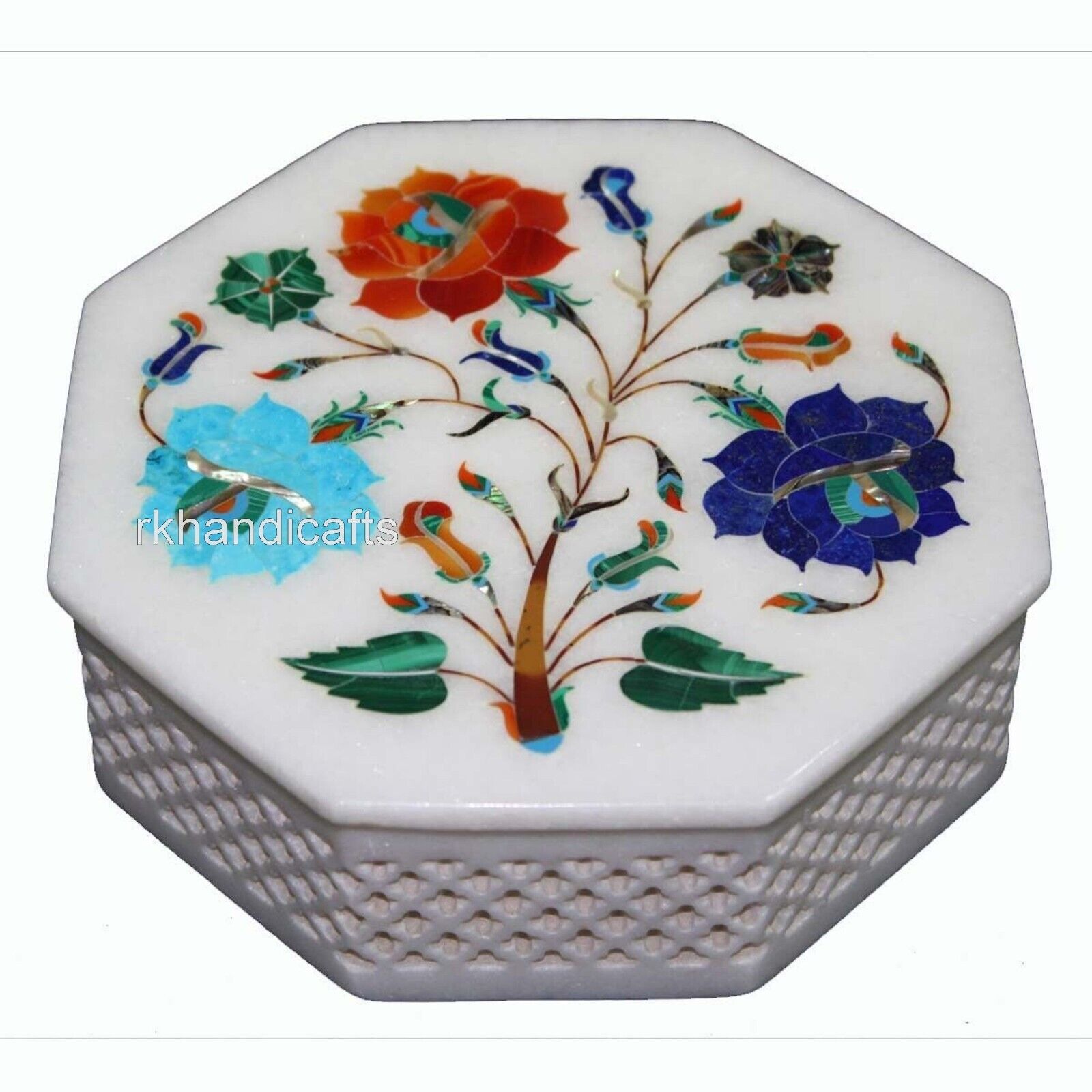 5 Inches Octagon  Marble Jewelry Box Multicolor Gemstone Inlay Work Giftable Box