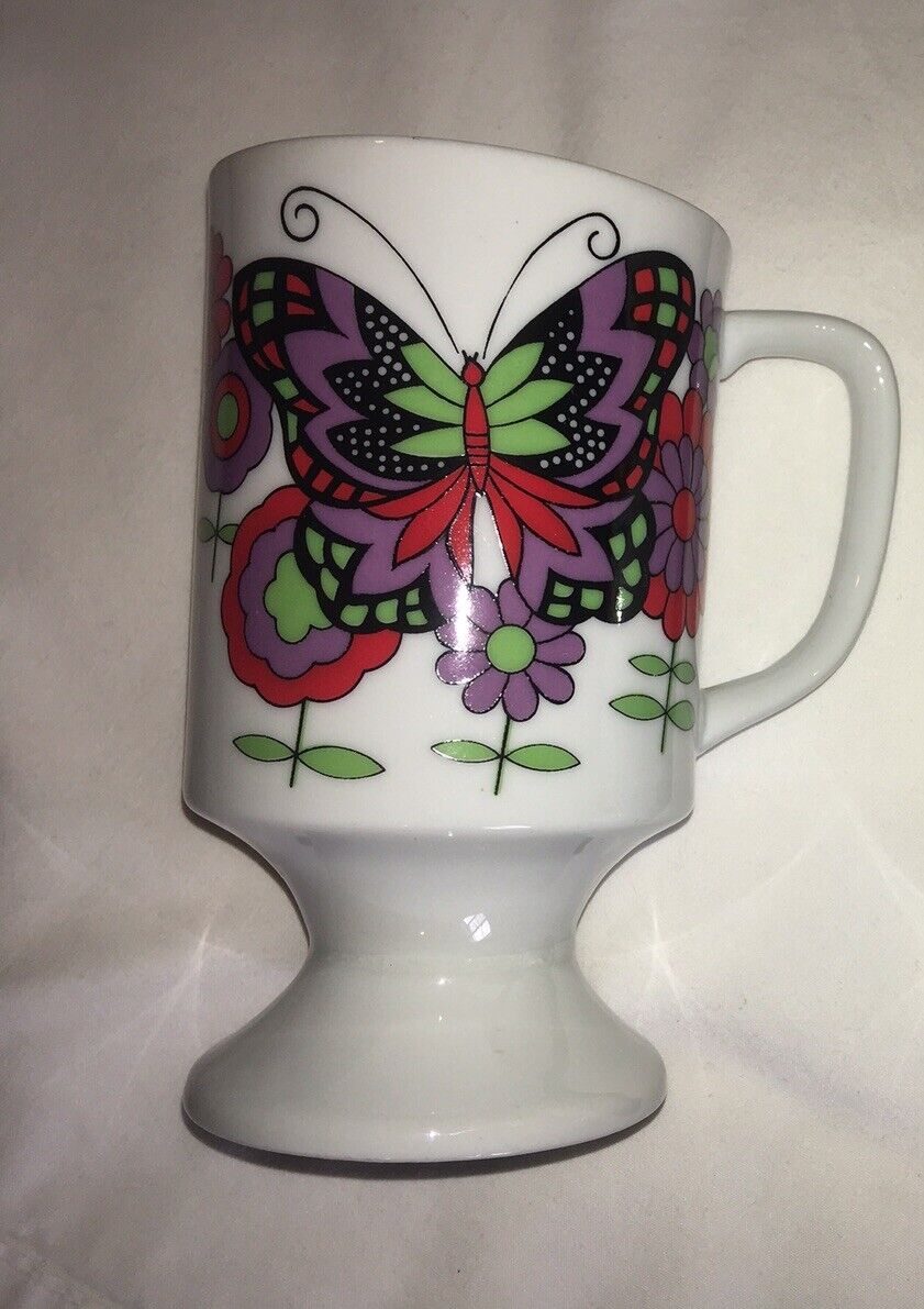 Vintage 60/70’s Japan White Pedestal Coffee Cup/Mug Psychedelic Butterfly