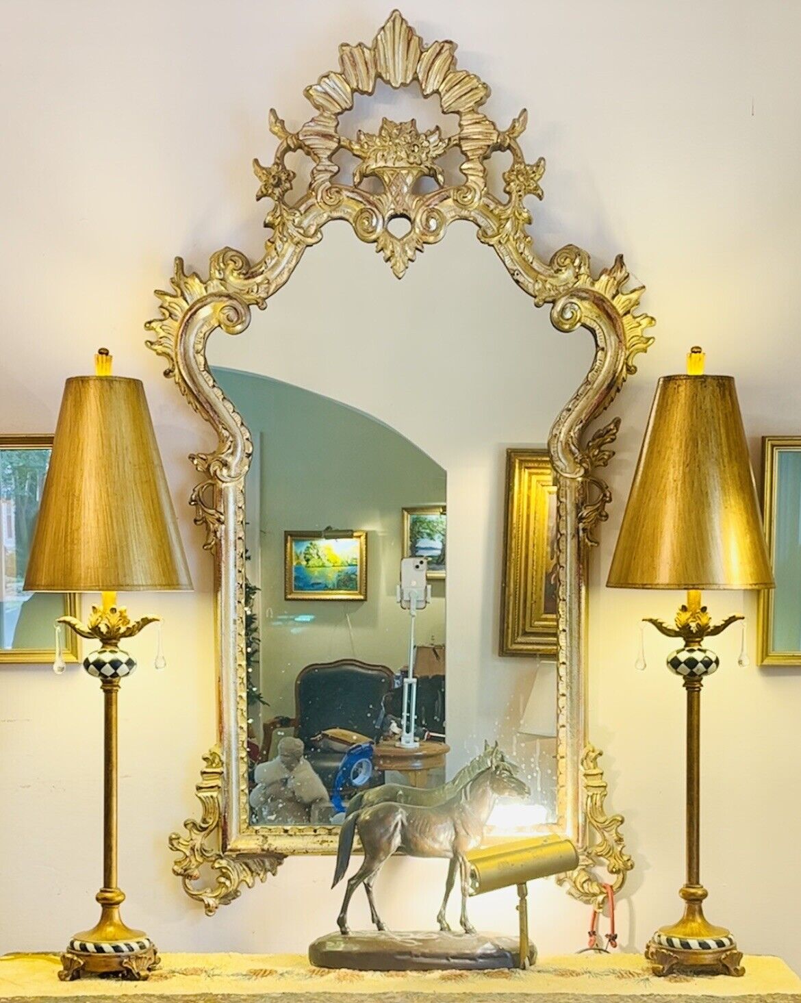 Pair Buffet lamps Art Nouveau Base  Gold Shade Checkerboard Prisms Designer