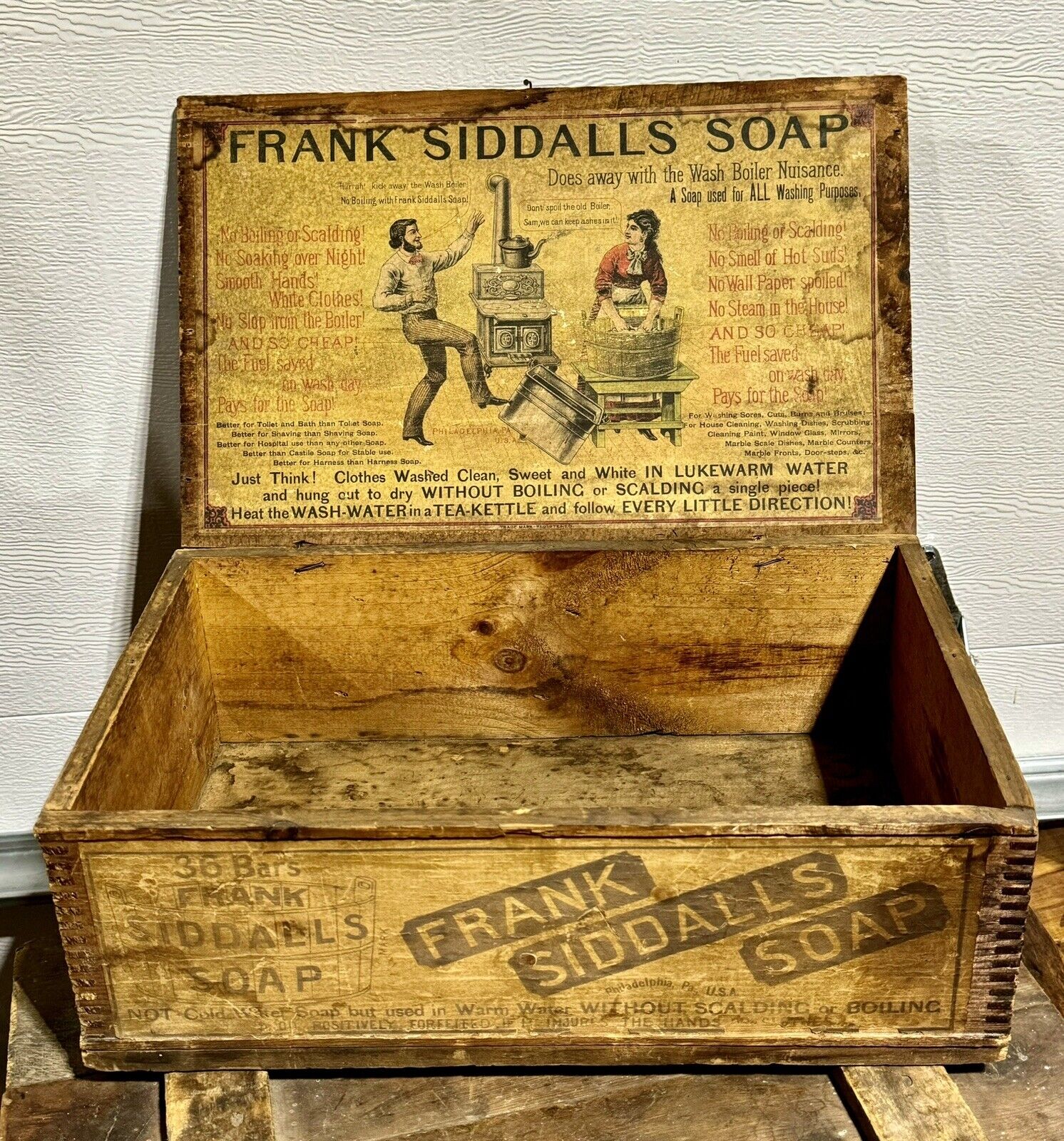 RARE FRANK SIDDALLS SOAP ANTIQUE WOOD BOX ADVRT CRATE W/PAPER LABEL
