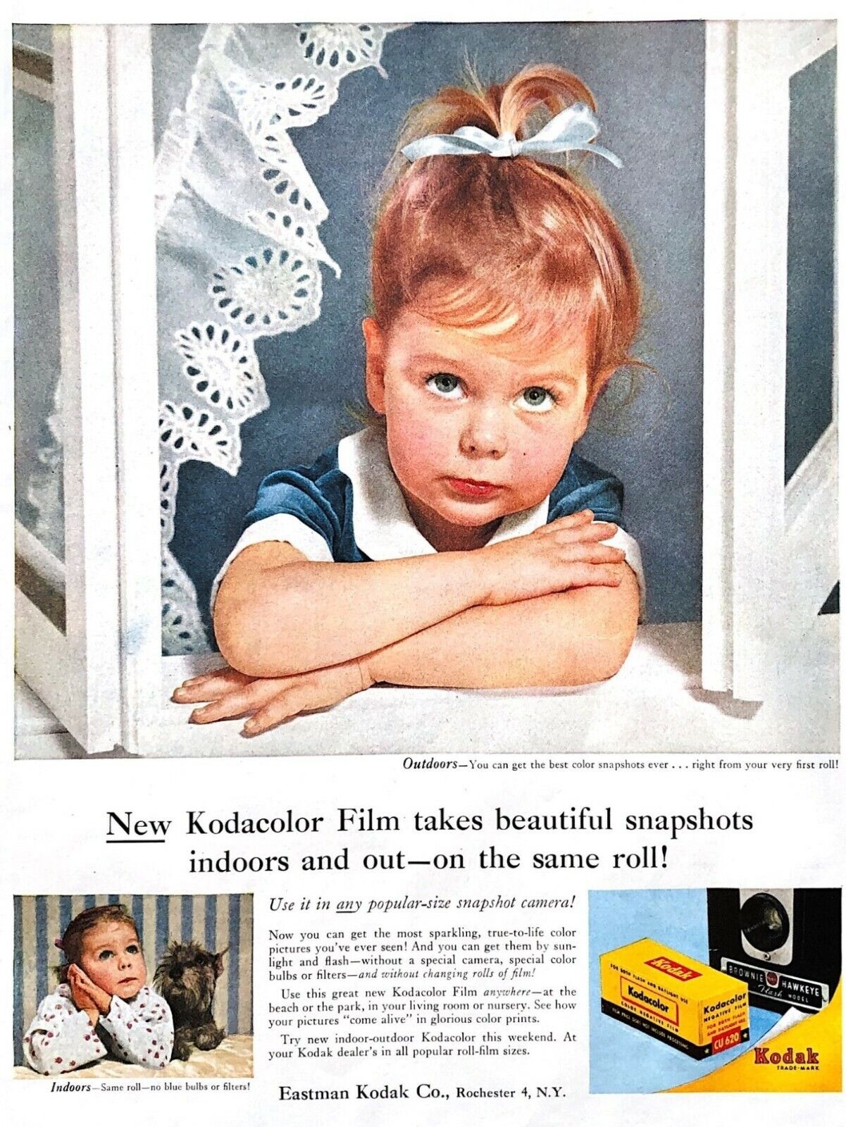 1956 Kodak Vintage Print Ad New Kodacolor Film Adorable Little Girl Dog 