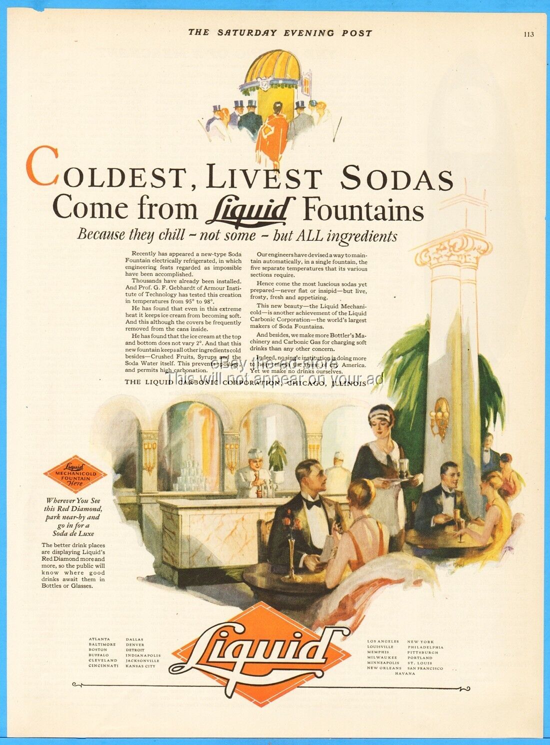 1927 Liquid Carbonic Chicago Soda Fountain Electrically Refrigerated 1920\'s Ad