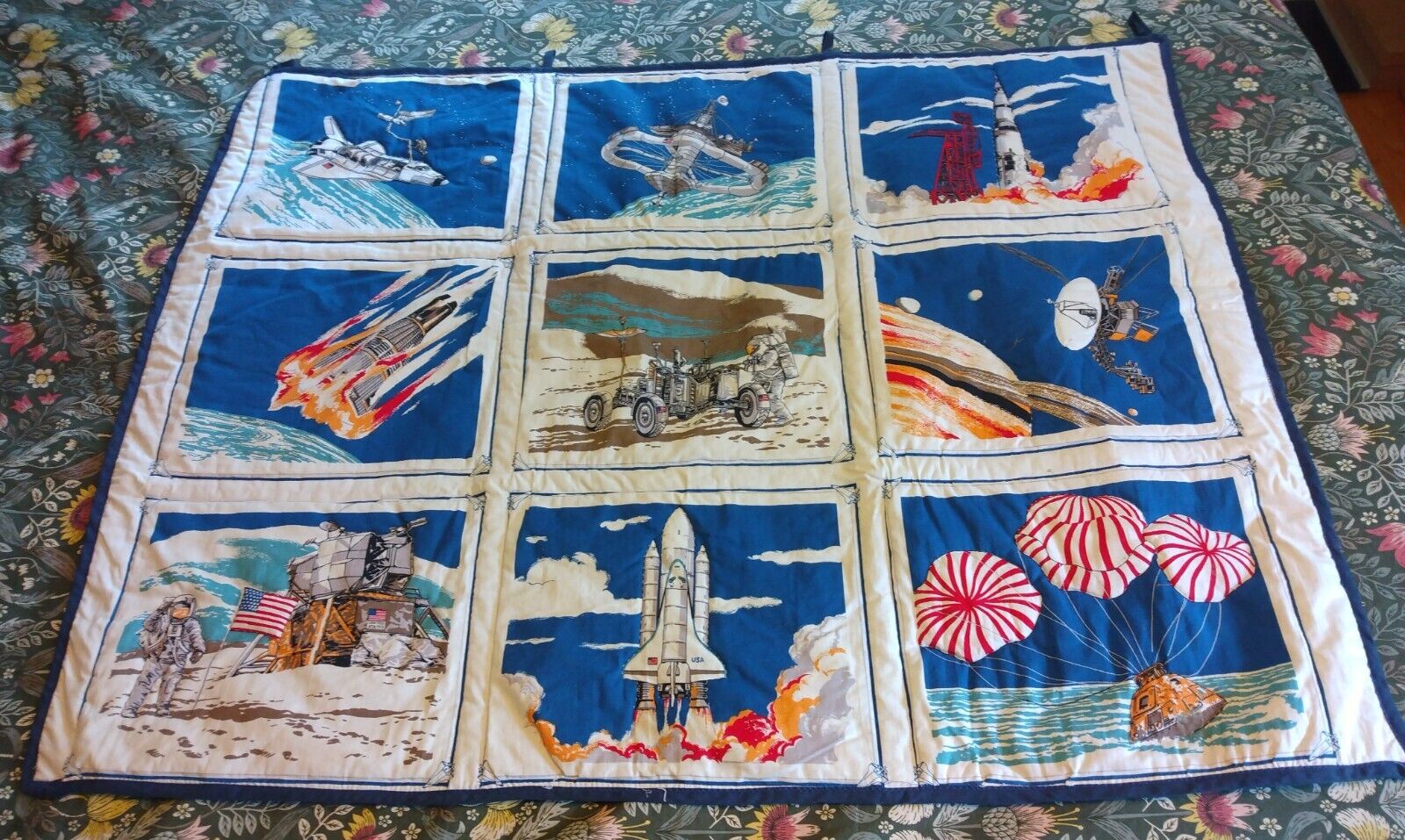 Vintage Handmade Quilted NASA Space Capsule Shuttle Apollo Hanging Quilt 45 x 33