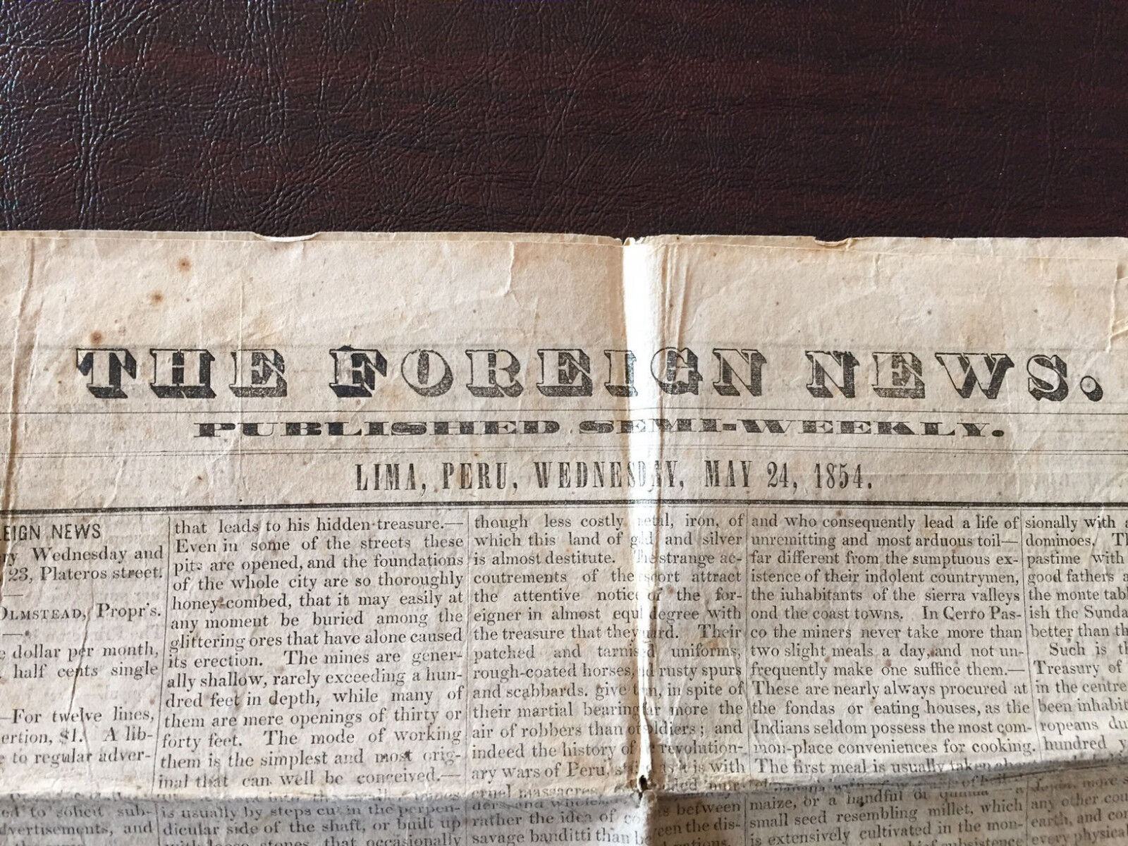 Very Rare 1854 English Language Newspaper The Foreign News from Lima Peru