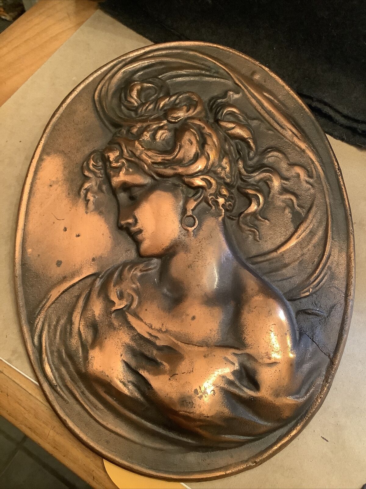 Vintage Cast Iron Relief Beautiful Woman Art Nouveau Plaque Copper Wash Finish