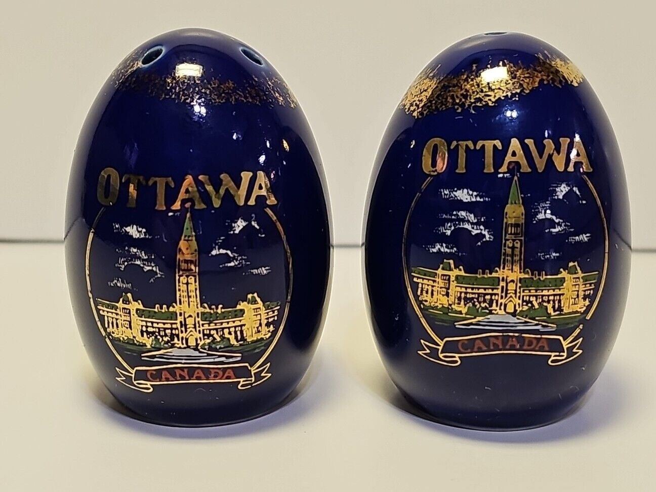 Vintage Cobalt Blue & Gold Egg Salt & Pepper Shakers Ottawa Canada
