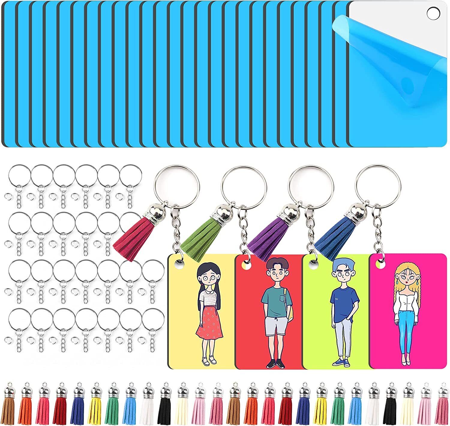 120Pcs Sublimation Blanks Keychain with Blue Protective Film - MDF Rectangle Key