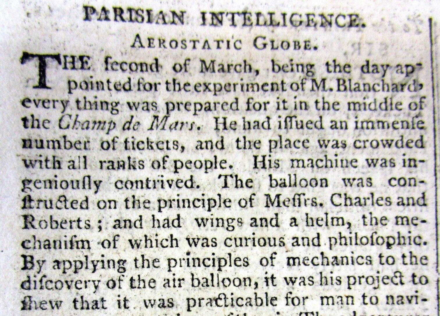 1784 newspaper JEAN PIERRE BLANCHARD 1st hydrogen BALLOON FLIGHT in PARIS France