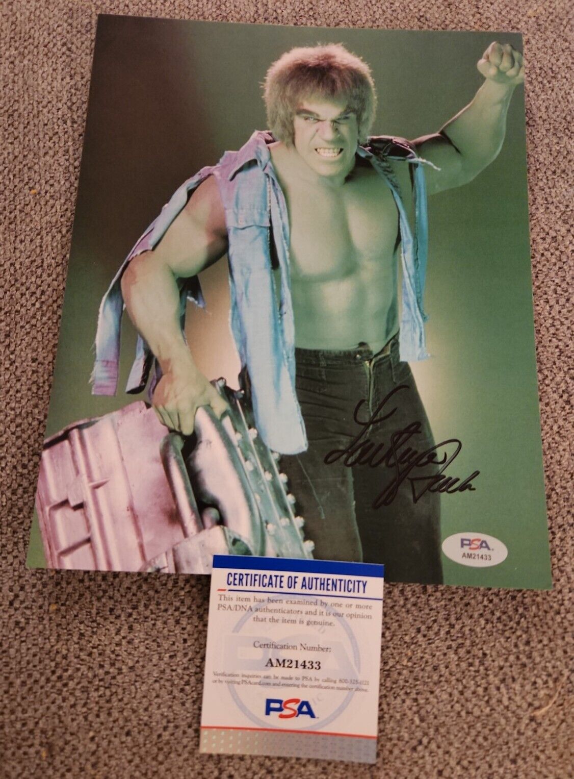 LOU FERRIGNO SIGNED 8X10 PHOTO INCREDIBLE HULK MUSCLES PSA/DNA CERT #AM21433 WOW
