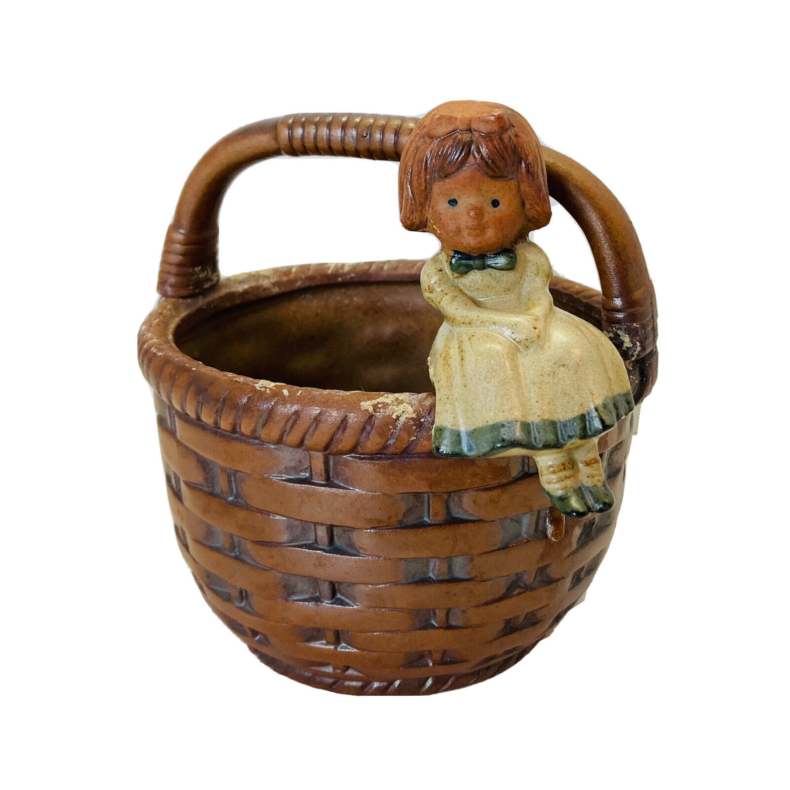 Vintage UCTCI Red Clay Flower Pot/ Handled Basket Little Girl Side Sitter Japan