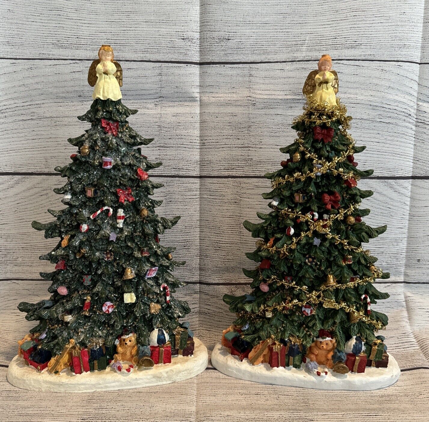 Set of 2 Vintage Resin Hand Painted Christmas Trees
