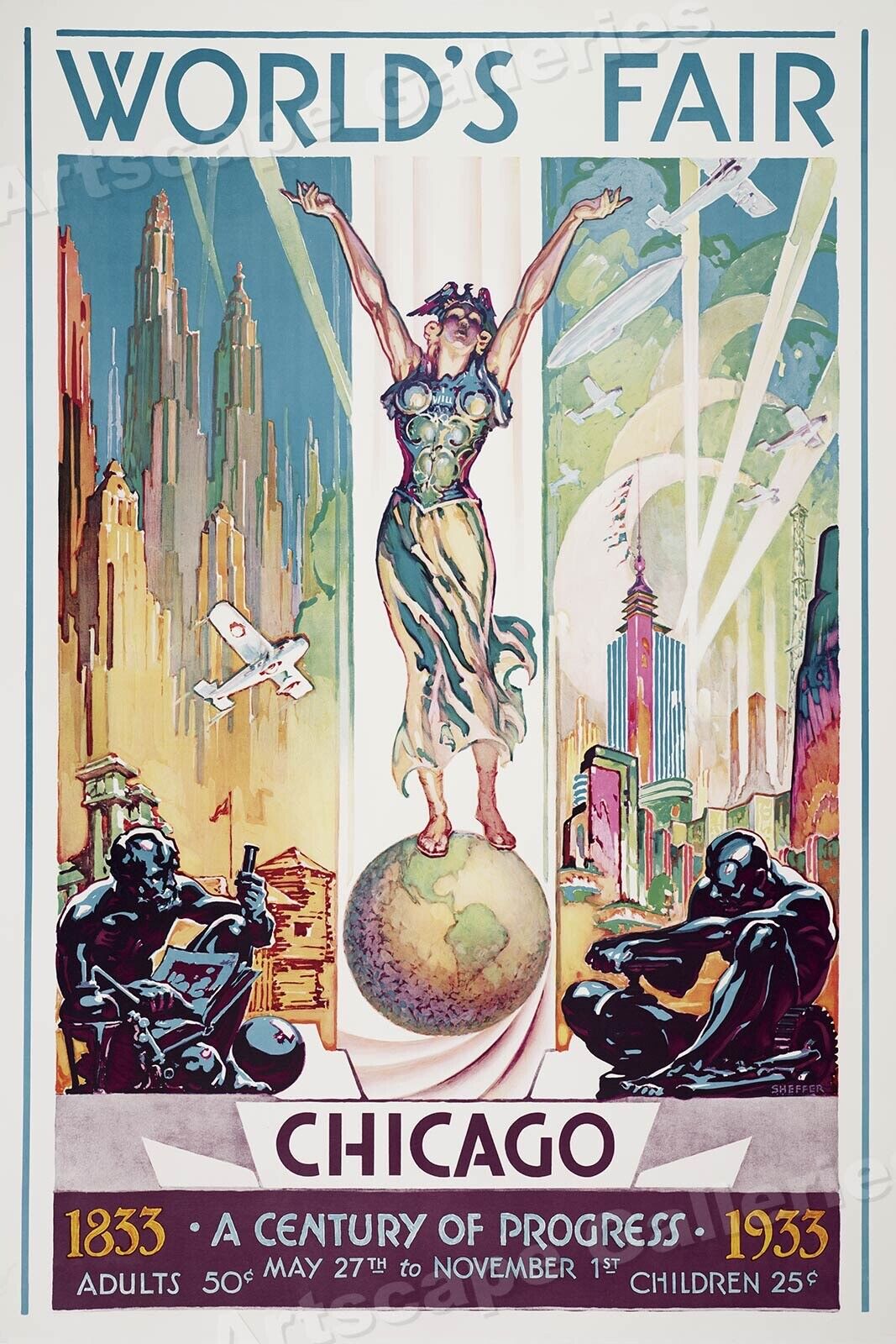 1933 World's Fair Chicago Vintage Style Art Deco Travel Poster  20x30