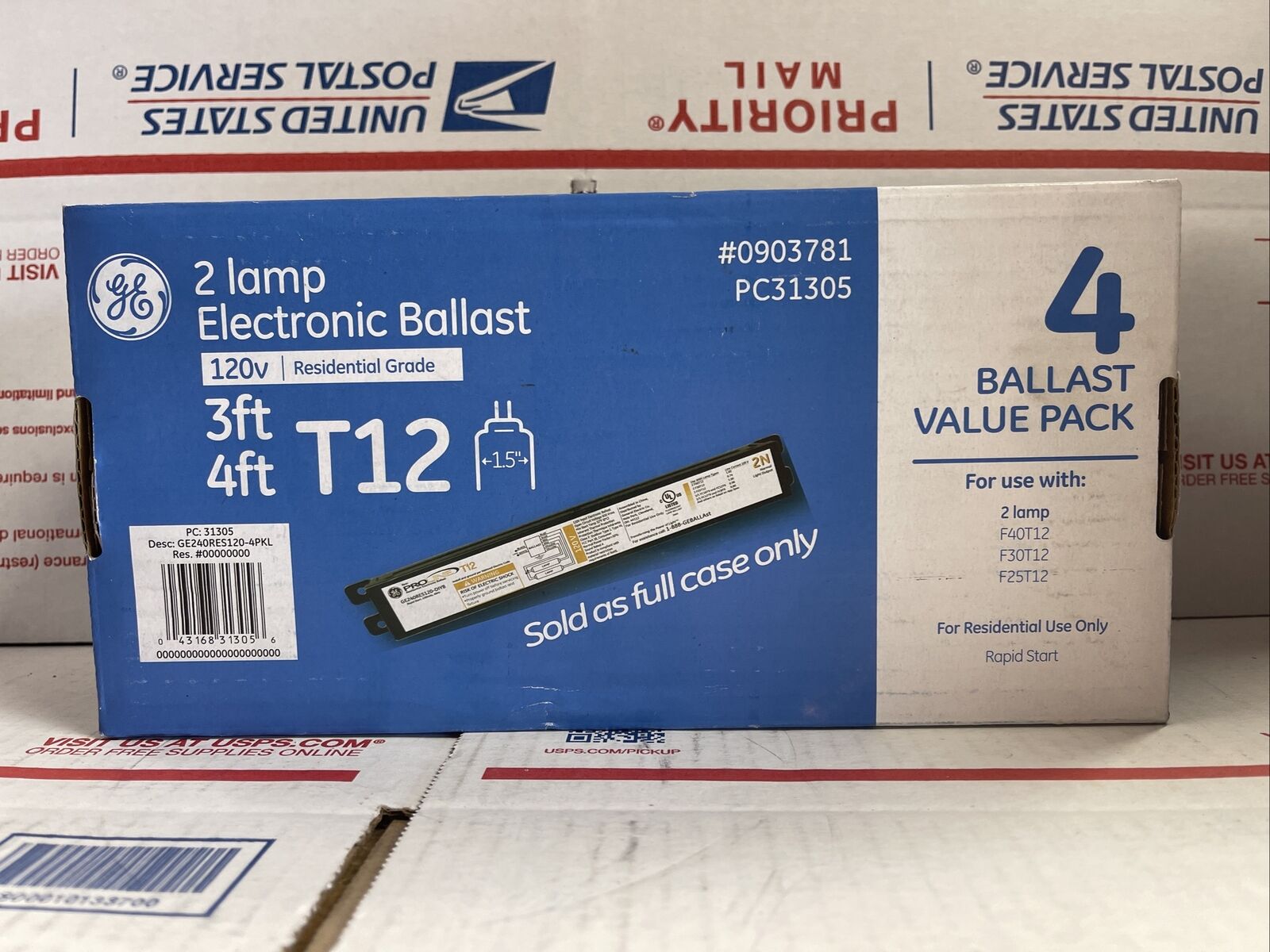 GE 2 Lamp Electronic Ballast Residential Grade T12 - 3 or 4 Foot - Case of 4