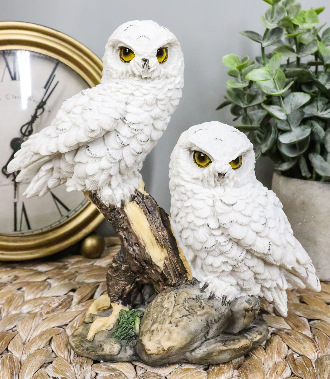 Ebros Mystical Two White Snowy Baby Owlets Perching On Tree Branch Statue 7