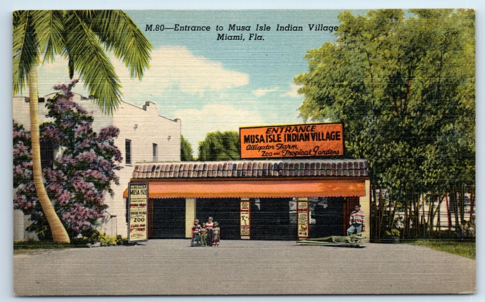 Postcard Entrance to Musa Isle Indian Village, Miami, Florida linen F179