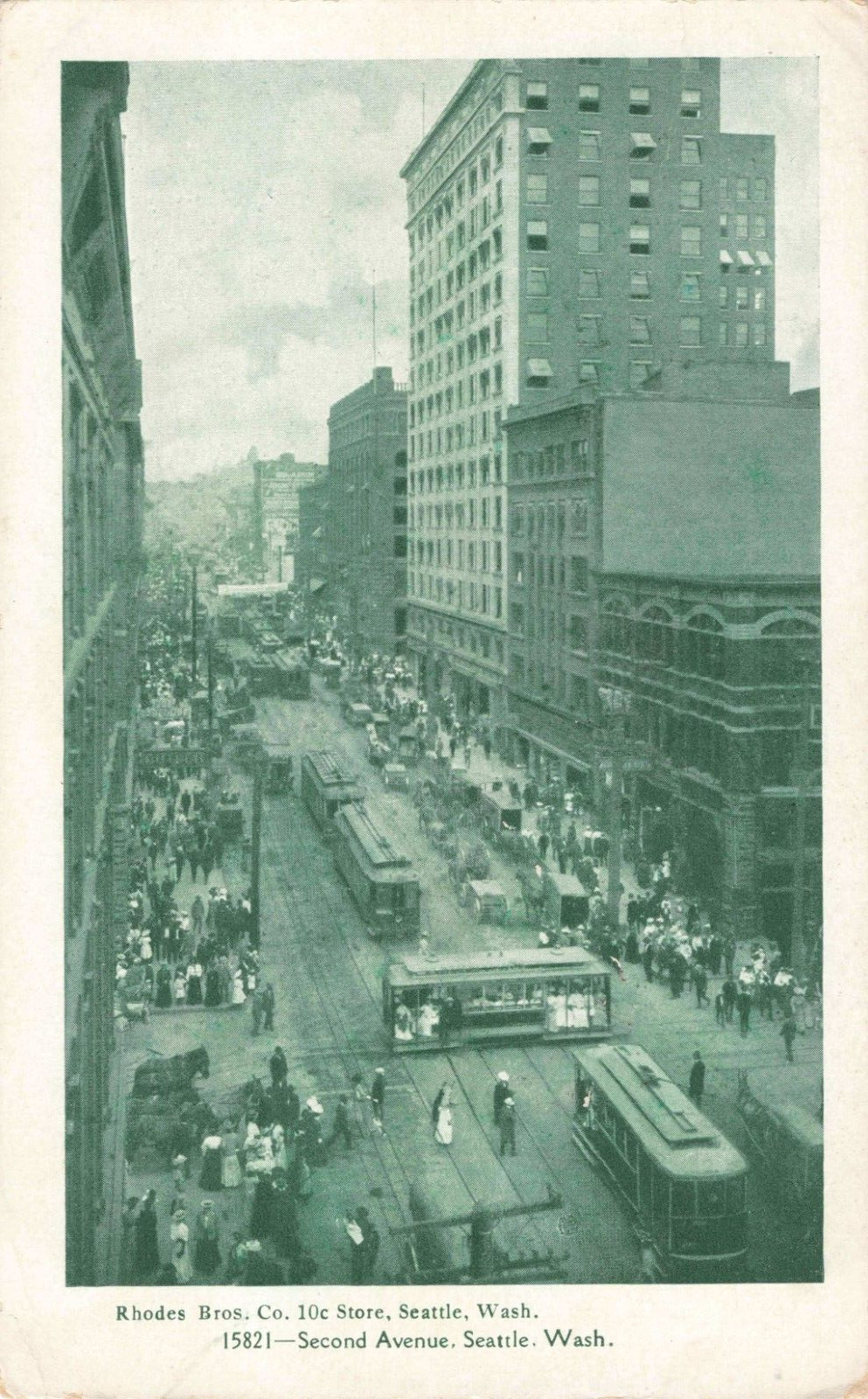 Seattle WA Washington, Second Ave Street View, Trolleys People, Vintage Postcard