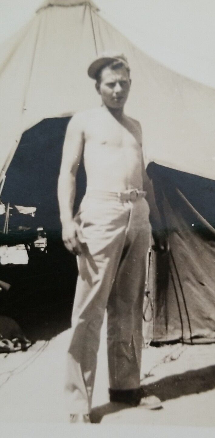Vintage Shirtless U.S. Soldier By Tent PHOTO ~ Military