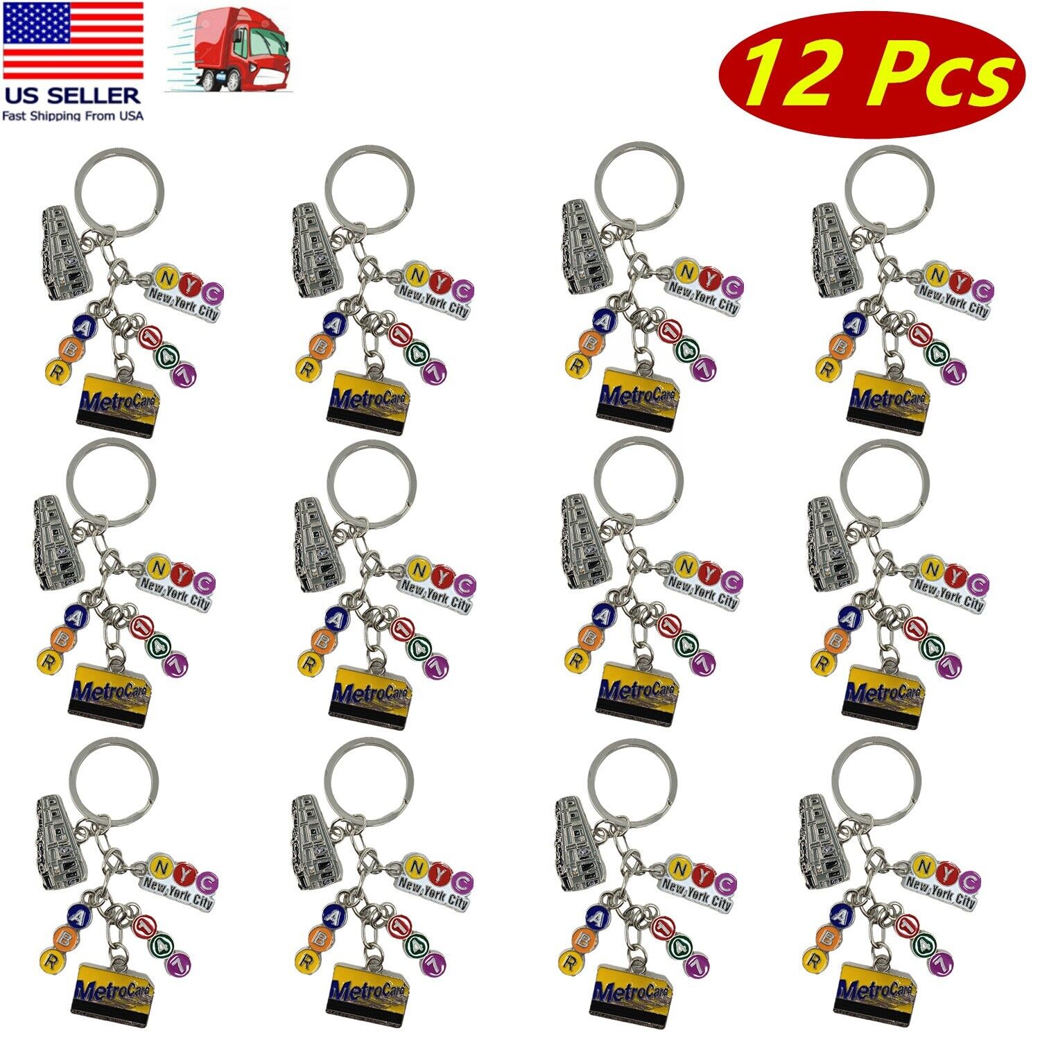12 Pcs Metal New York City Subway Key Chain 5 Charms, NYC Keychain Souvenir