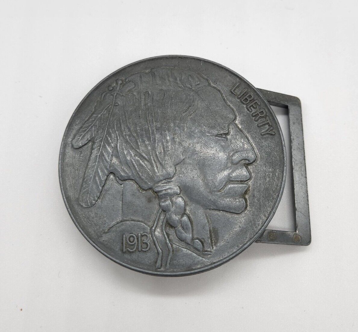 Native American Indian Head 1913 Coin Replica Metal Belt Buckle Vtg USA 