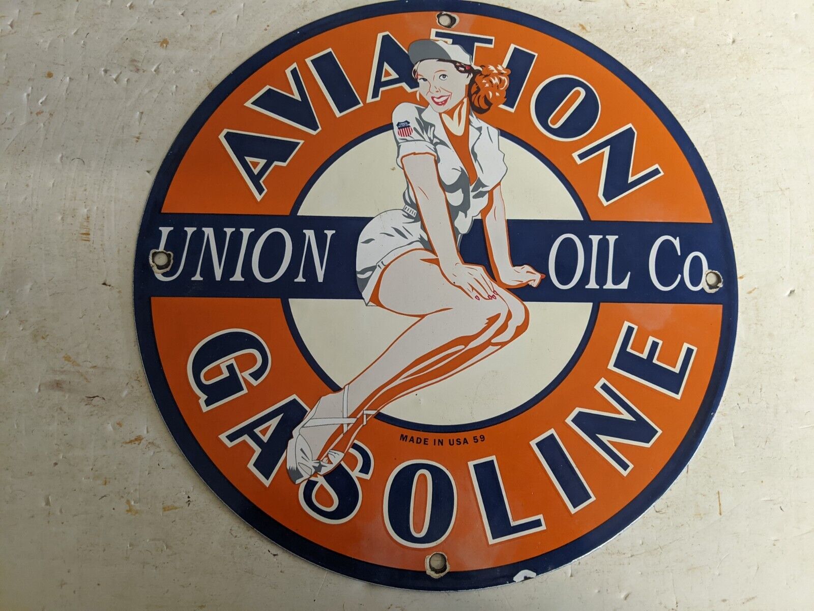  VINTAGE 1959 UNION AVIATION GASOLINE PORCELAIN GAS STATION PUMP OIL SIGN