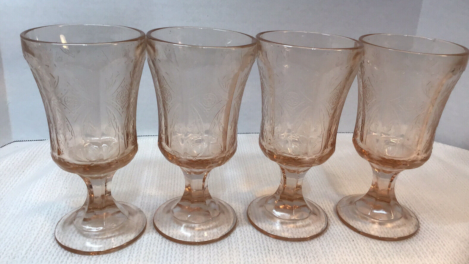 Four Vintage Indiana Glass Madrid Recollection Pale Pink 8 Oz. Water Goblets 80s