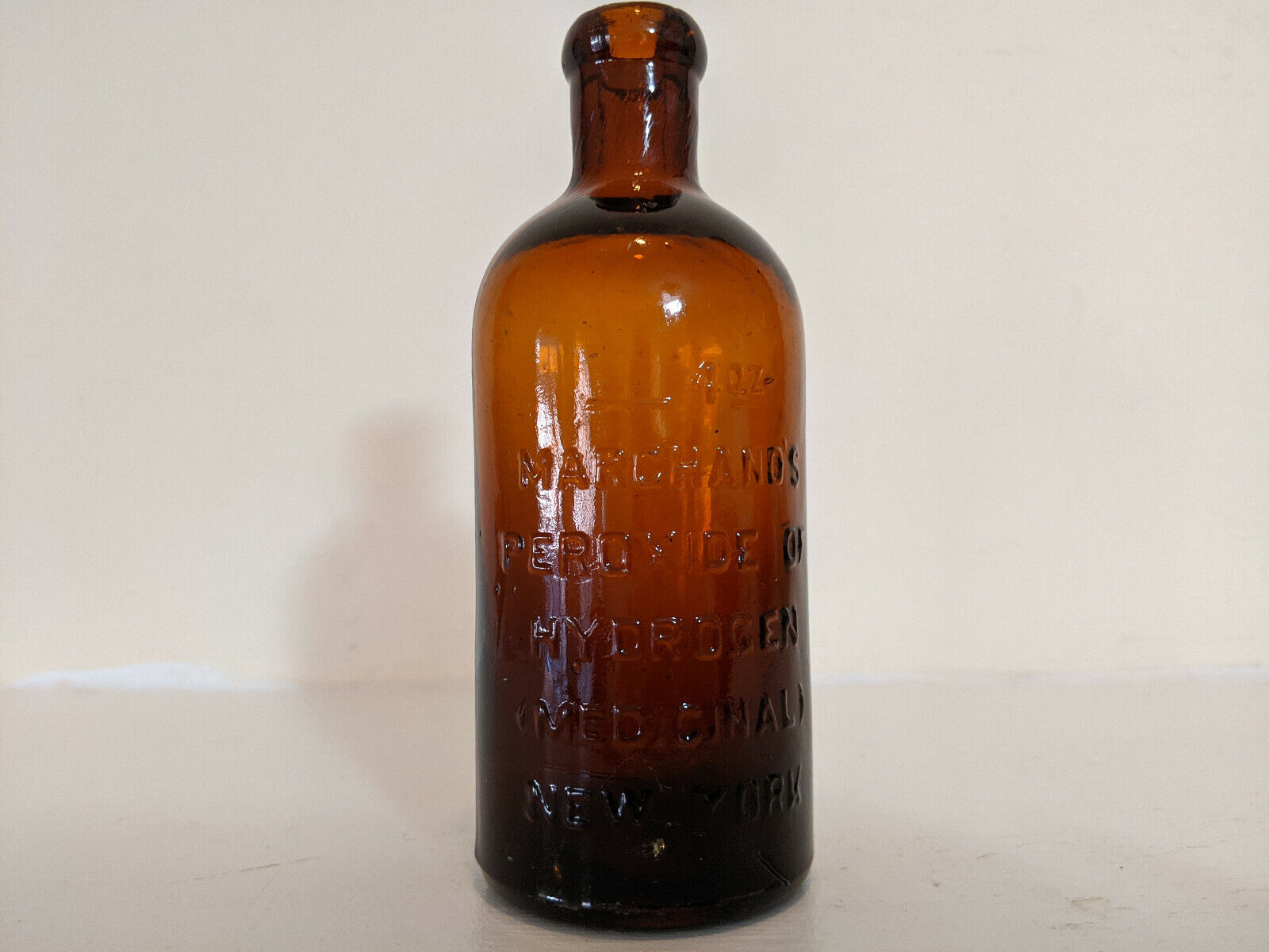 1800s Marchand\'s Peroxide of Hydrogen Bottle Embossed NY Victorian Medicine