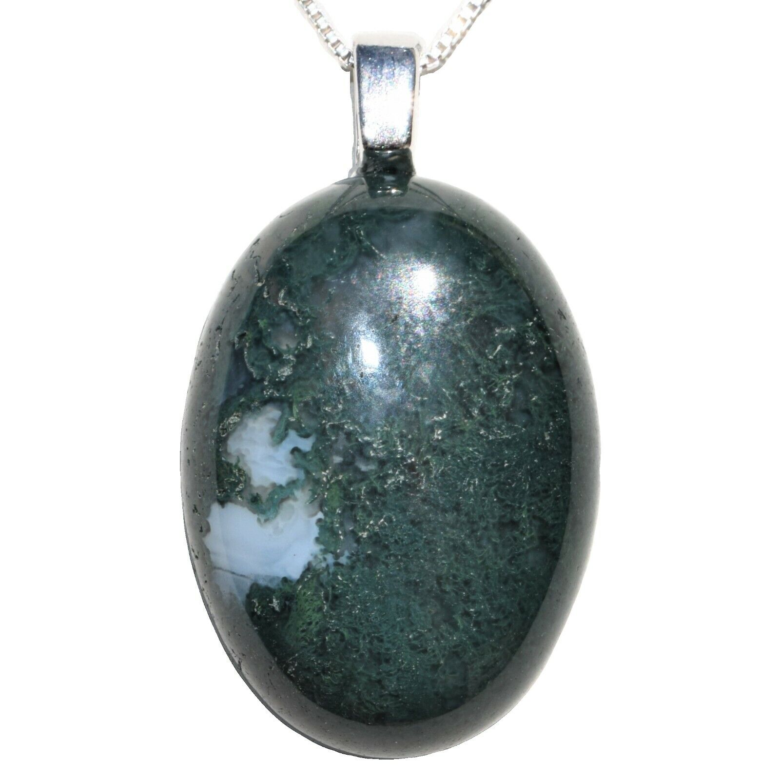 CHARGED 925 SS Natural Moss Agate Crystal Cabochon Pendant + 20\
