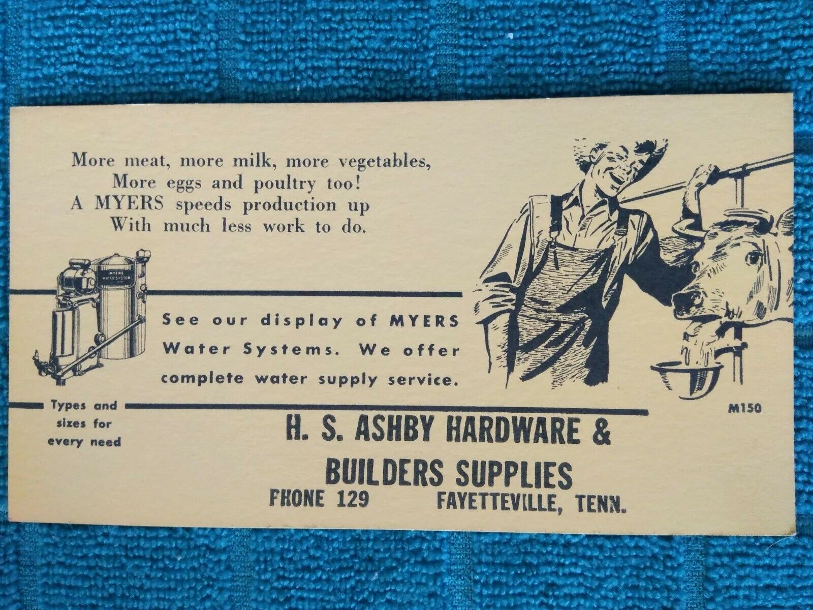 Vintage F E  MYERS  WATER SYSTEM Supply Equipment INK BLOTTER Ashby Hardware TN