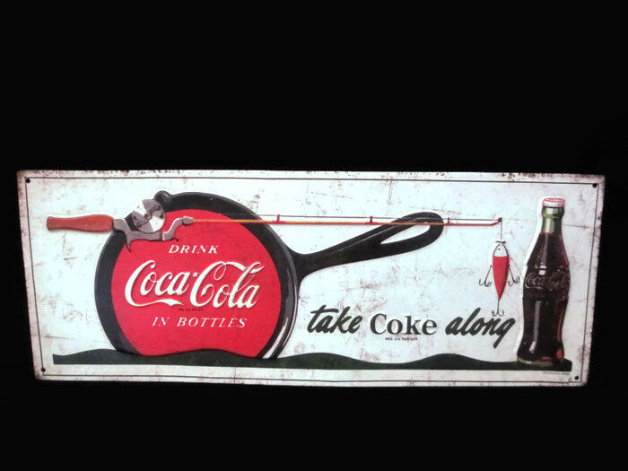 Coca-Cola Vintage Look Sign Take Coke Along Fishing Pole Cast Iron Pan Brand New